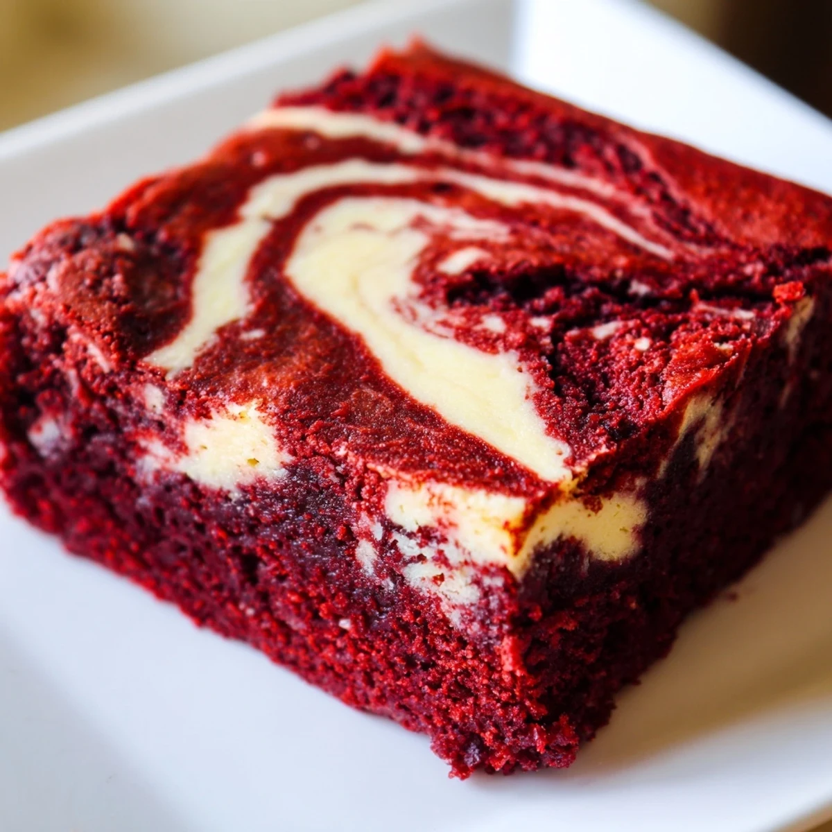 Perfectly baked red velvet brownies with cream cheese swirl are served on a plate, ready to enjoy as a sweet treat.