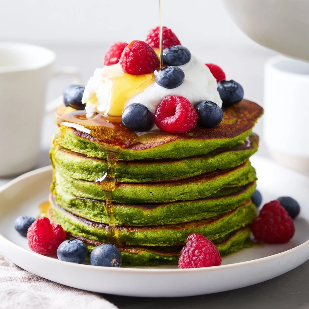 A close-up view of fluffy Shamrock Green Pancakes, naturally colored with spinach and served with sweet whipped cream.