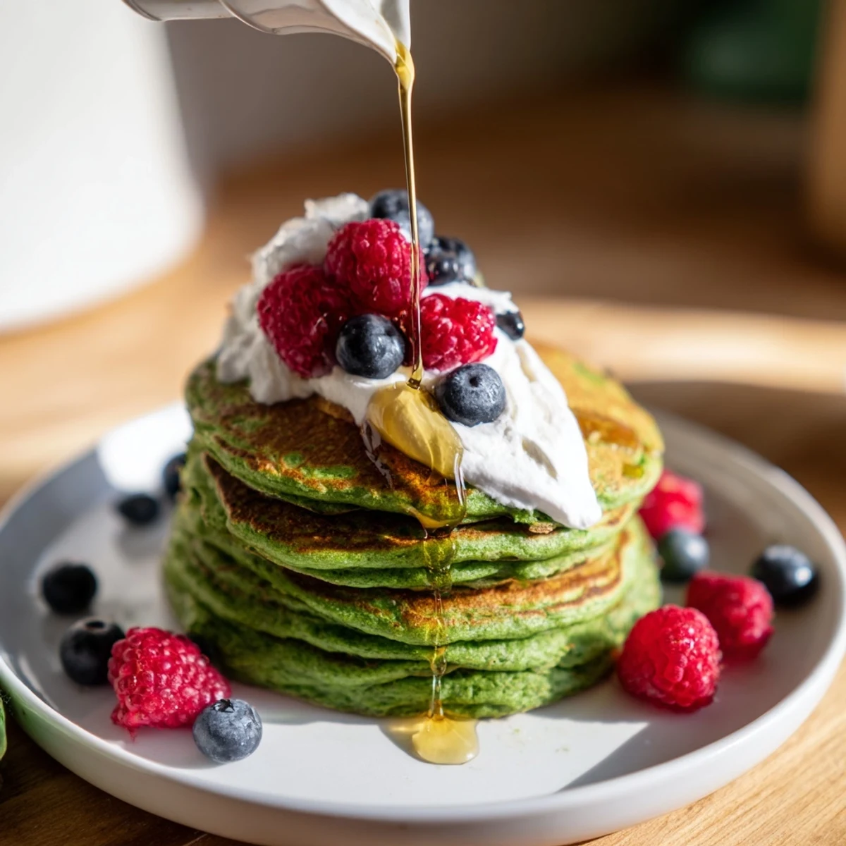Golden-brown Shamrock Green Pancakes stacked high, topped with fresh berries and a drizzle of maple syrup for a festive breakfast.