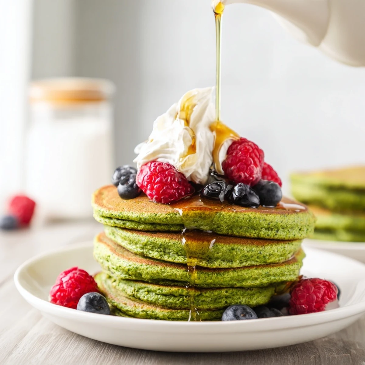 Homemade Shamrock Green Pancakes cooking on a griddle, bubbling with a vibrant green hue and ready to flip.