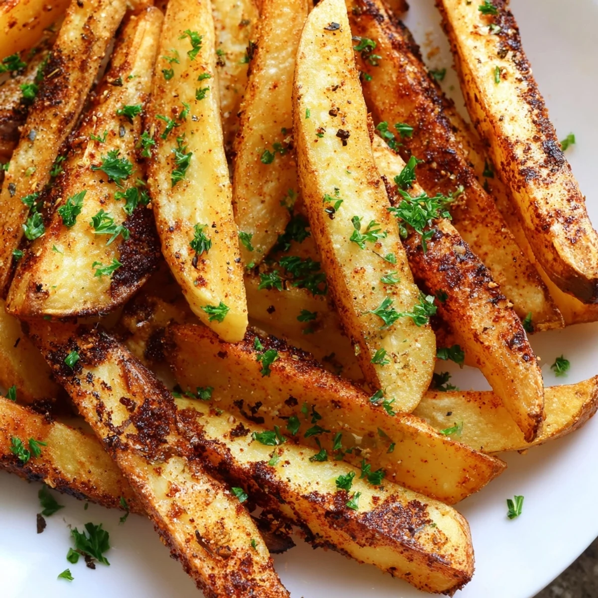 Golden-brown Cajun Spiced Fries arranged in a neat pile on a parchment-lined baking sheet.