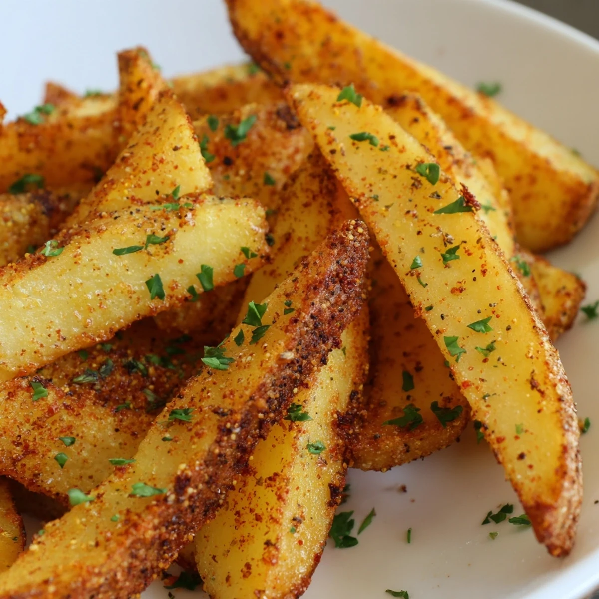 Crispy oven-baked Cajun Spiced Fries garnished with fresh parsley on a rustic wooden table.