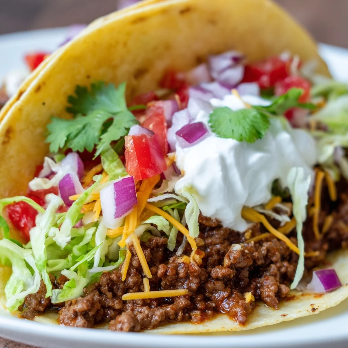 Tasty Championship Beef Tacos topped with sour cream, tomatoes, and cilantro, served with lime wedges.  