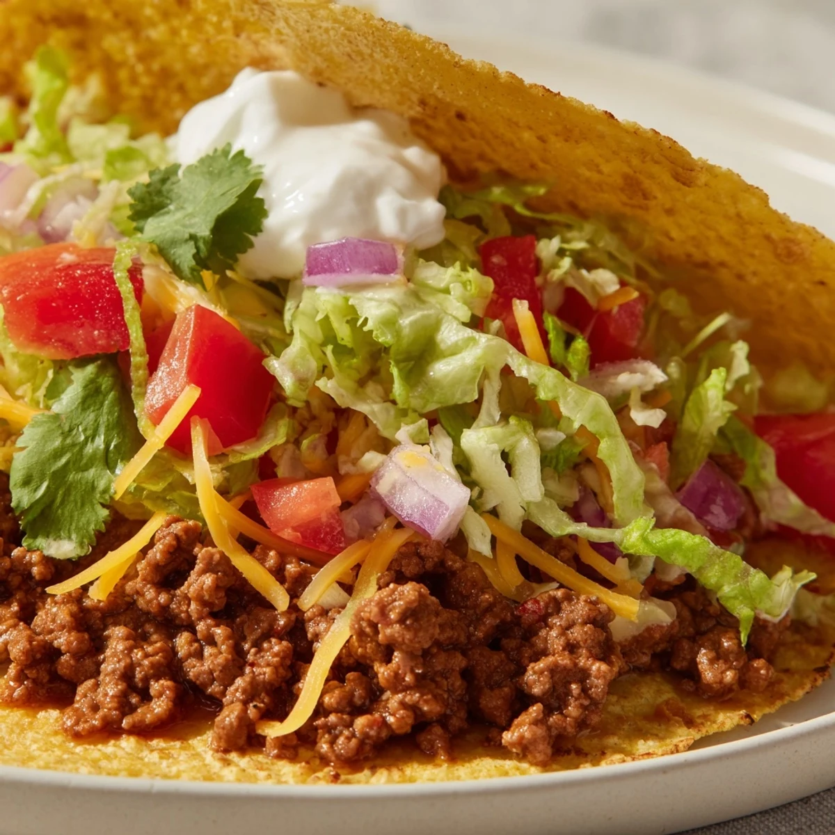Homemade Championship Beef Tacos with juicy beef filling nestled in soft tortillas and colorful toppings.