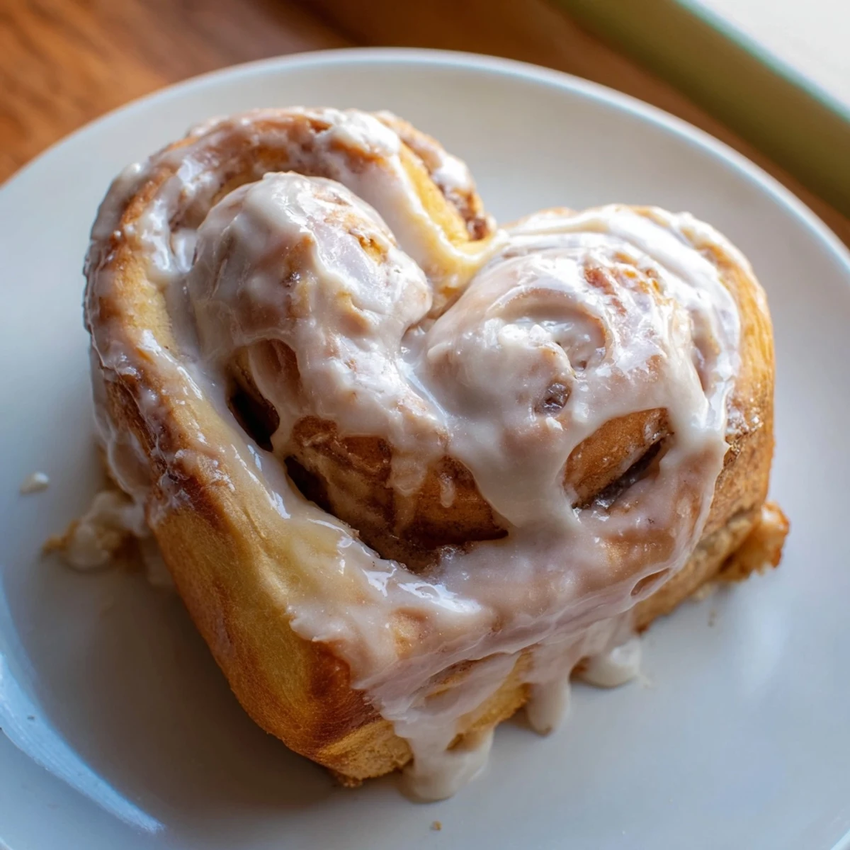 Freshly baked Sweetheart Cinnamon Rolls topped with creamy cream cheese icing on a wooden serving board.
