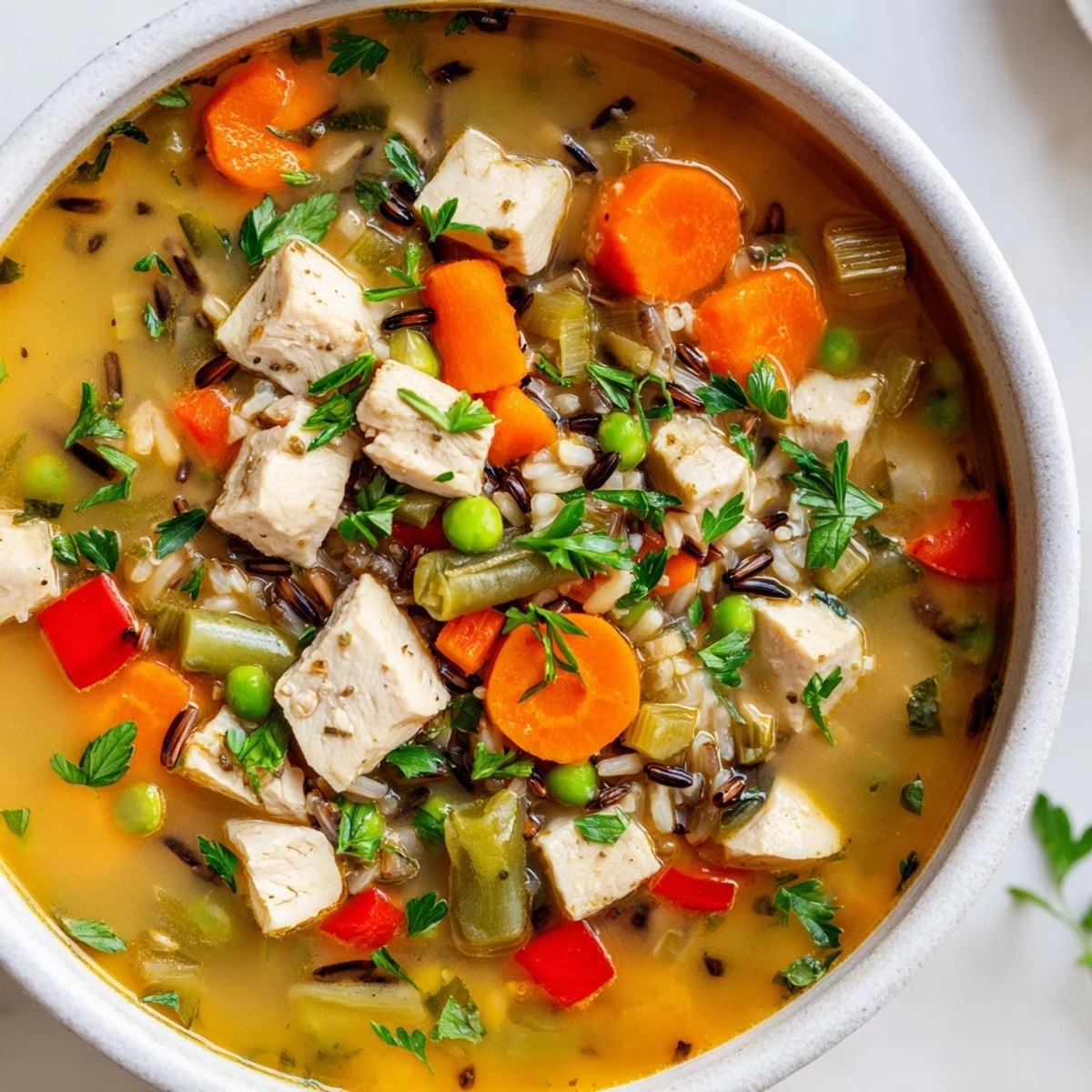 A steaming bowl of Chicken Vegetable Soup with Wild Rice, featuring tender chicken, colorful carrots, and vibrant green peas in a savory broth.