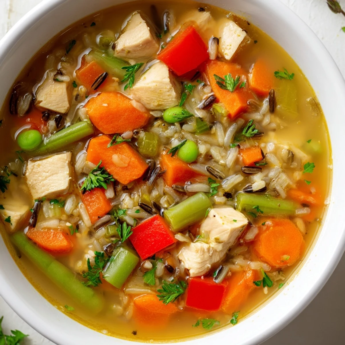 Close-up of Chicken Vegetable Soup with Wild Rice, highlighting nutty rice grains and fresh parsley garnish alongside a rustic bread slice.