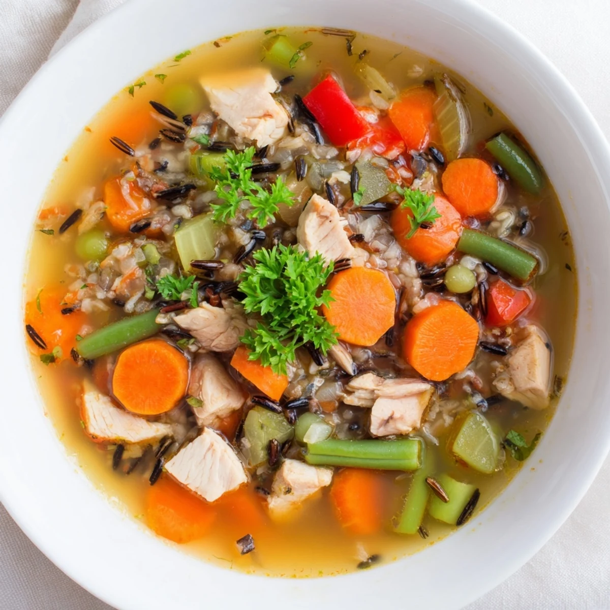 Comforting Chicken Vegetable Soup with Wild Rice simmering in a pot, rich broth filled with diced zucchini, celery, and hearty vegetables.