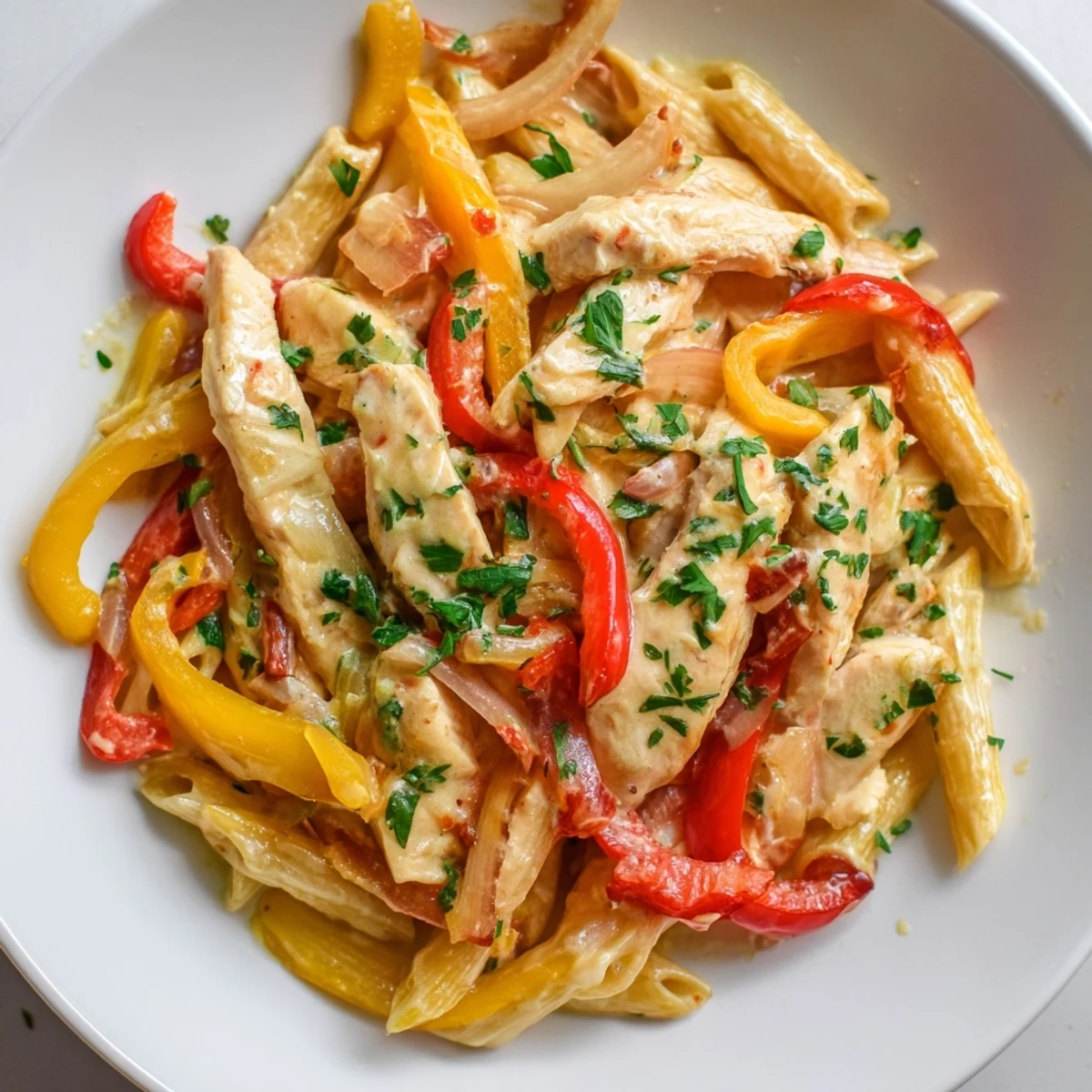 A close-up of Cajun Chicken Pasta shows tender meat and bell peppers coated in creamy sauce, with Parmesan and parsley garnish.