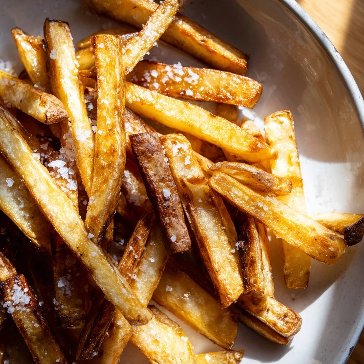 Golden, crispy Crispy Air Fryer French Fries with Sea Salt piled high on a white plate, served alongside a small bowl of ketchup.