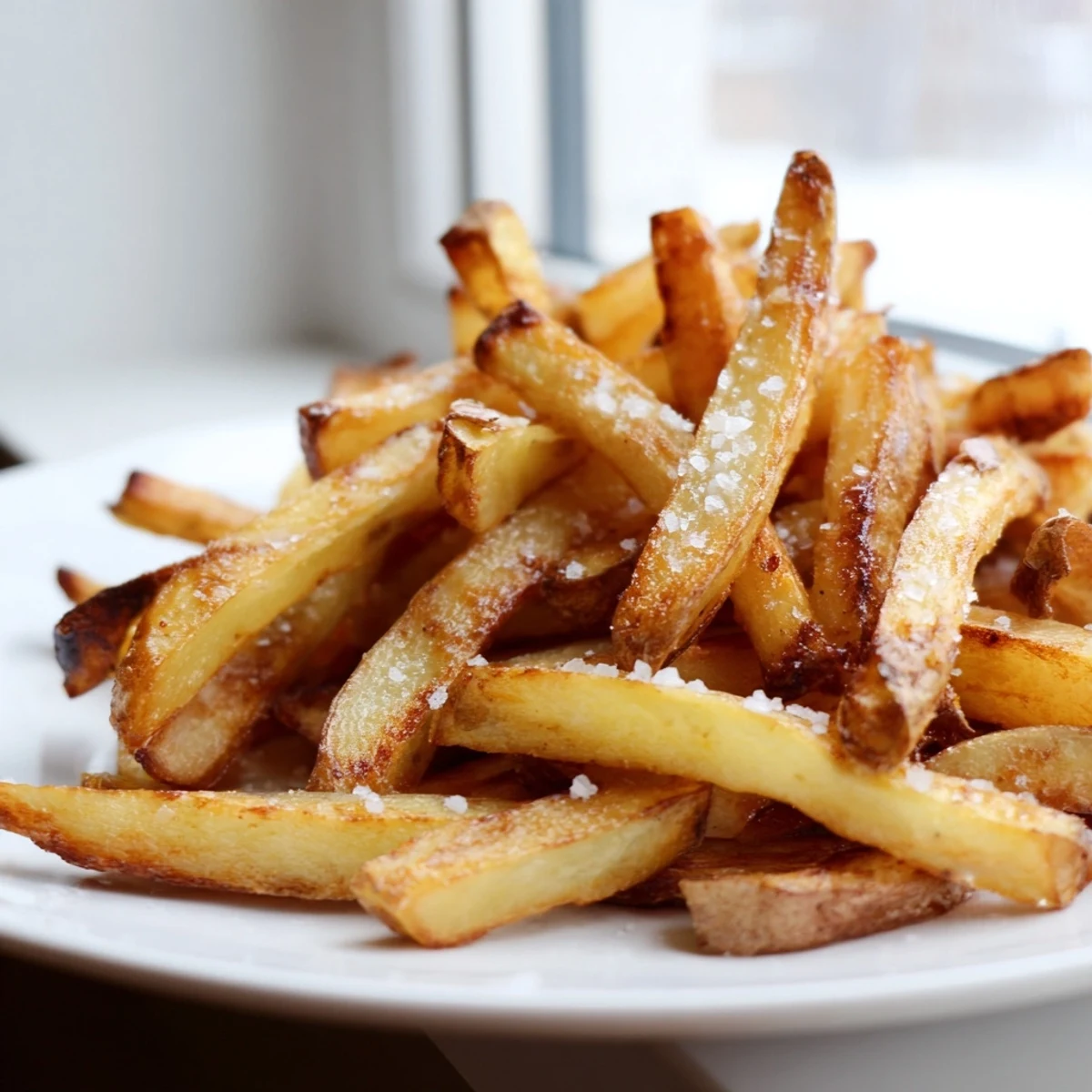 Freshly cooked Crispy Air Fryer French Fries with Sea salt in a rustic bowl, garnished with fresh parsley and ready to dip.