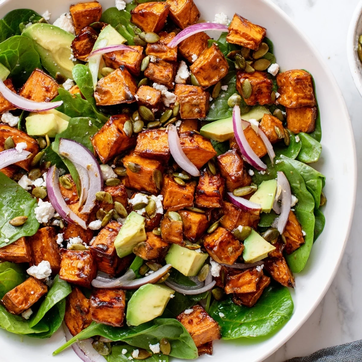 Roasted sweet potatoes, red onion, and creamy avocado tossed in a zesty lime dressing, garnished with crumbled feta and pumpkin seeds.