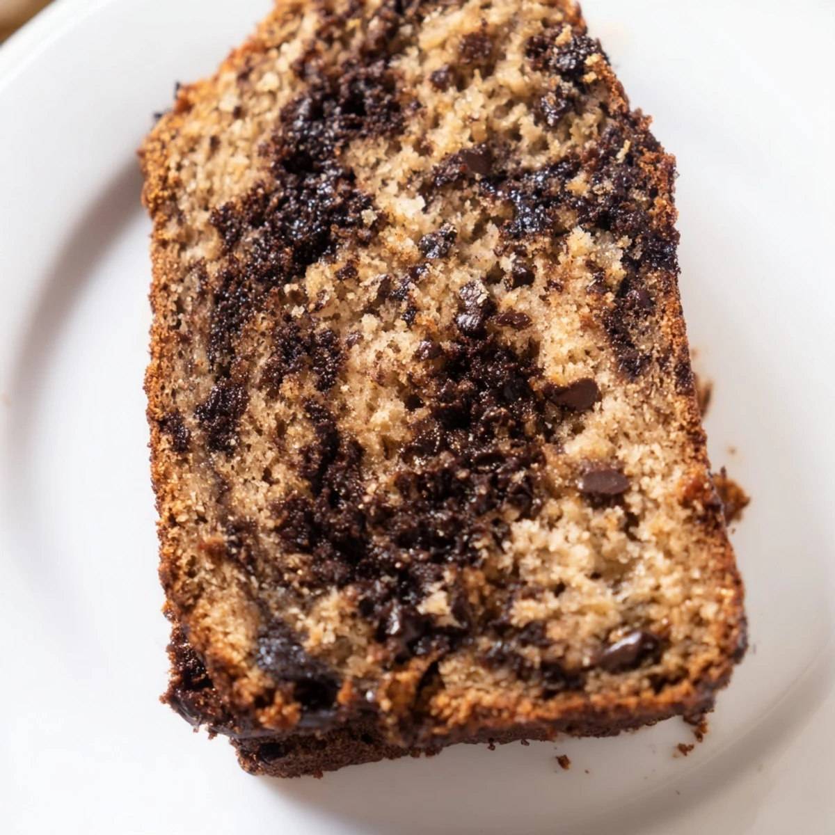 Fudgy Chocolate Banana Bread topped with melted chocolate chips, served on a rustic plate for dessert.