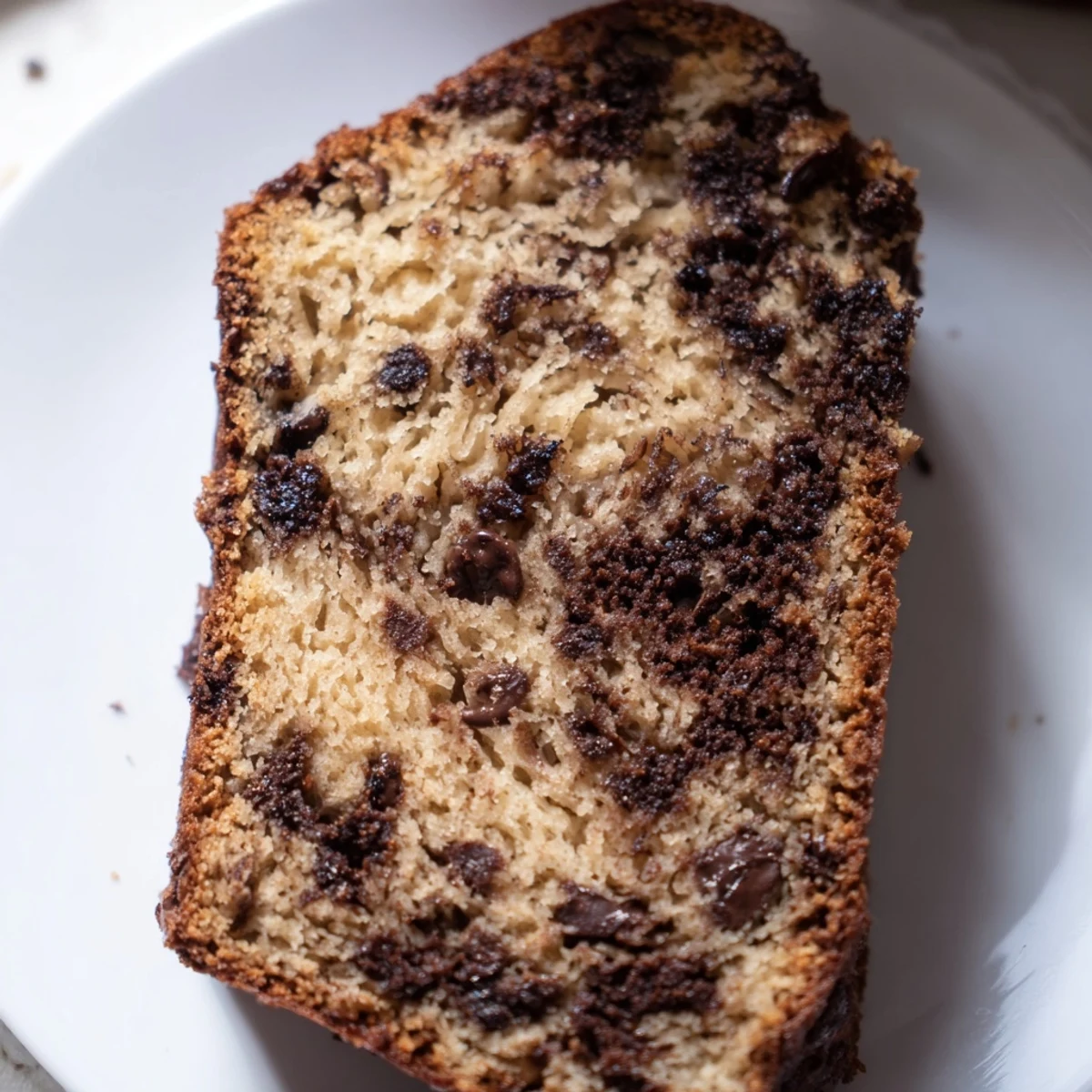 A slice of rich Chocolate Banana Bread with walnuts, showcasing a moist crumb and cocoa aroma.