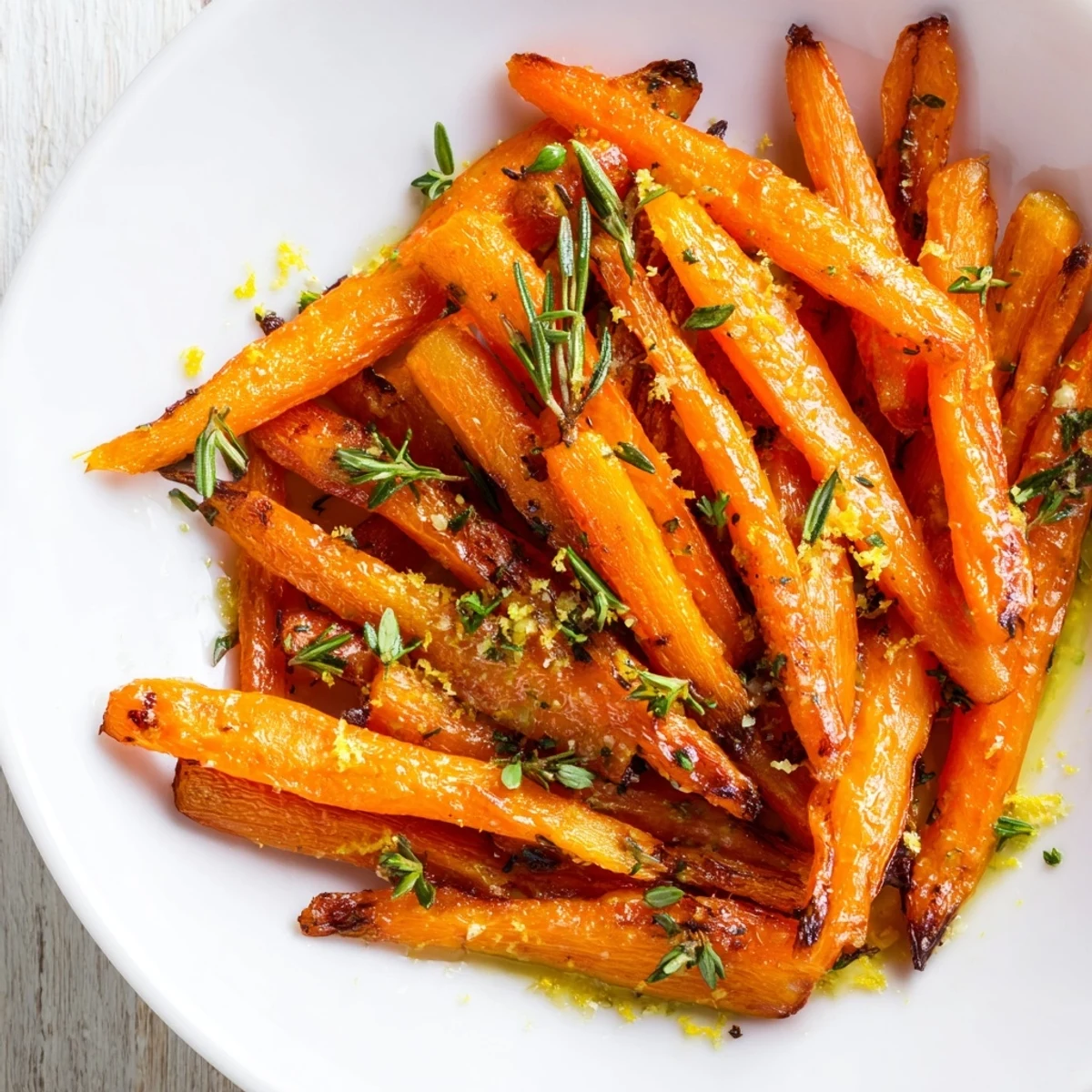 Golden roasted carrot sticks with herbs and minced garlic, caramelized edges on a rustic baking sheet for a healthy snack.