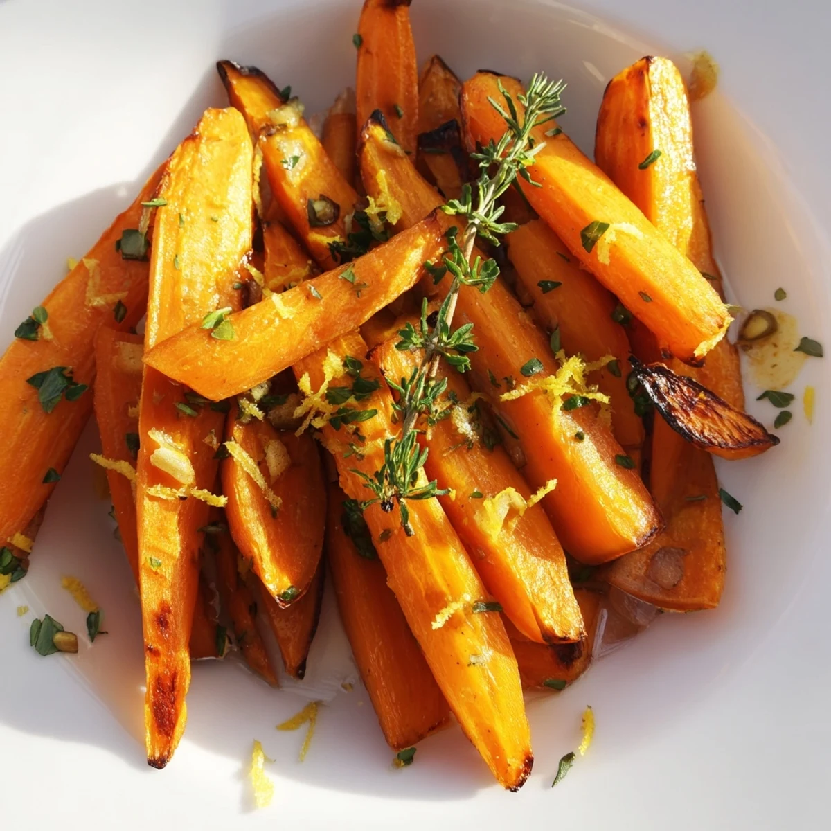 Roasted Carrot Sticks with Herbs glisten with olive oil and fresh thyme, ready to serve warm alongside a main dish.