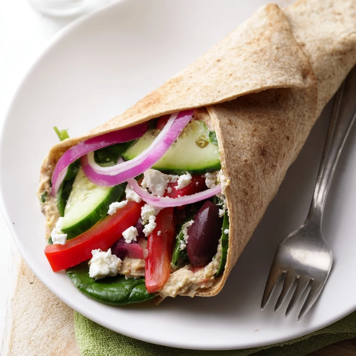 A vibrant Mediterranean Sandwich Wrap with creamy hummus, crisp cucumbers, and crumbled feta cheese on a whole wheat tortilla.