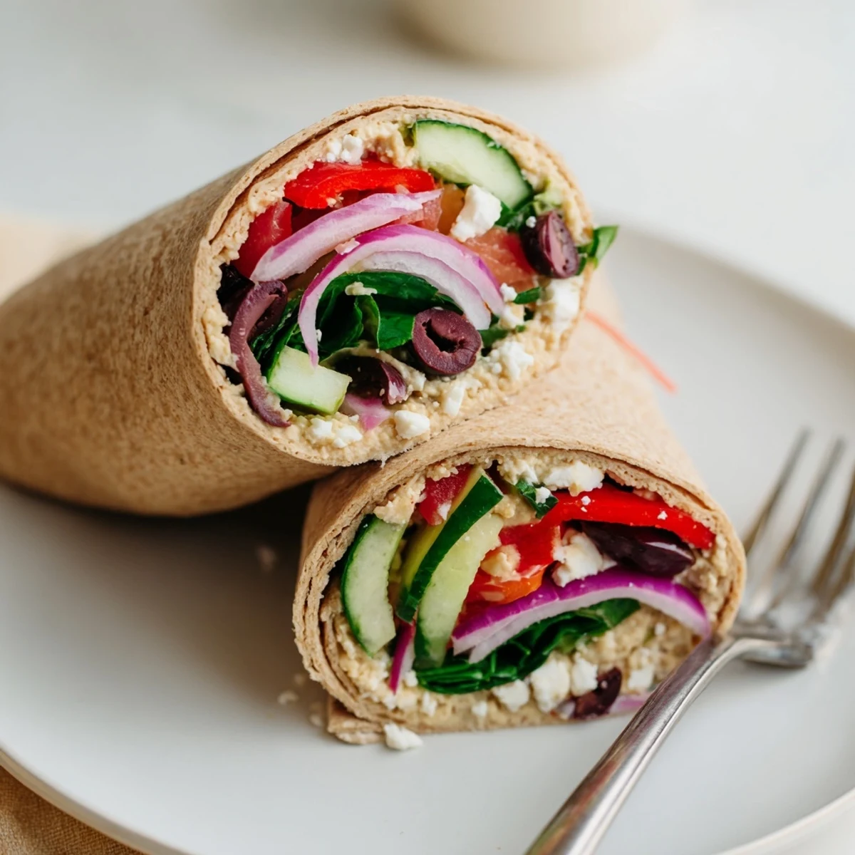 Sliced open Mediterranean Sandwich Wrap showing layers of baby spinach, feta, and veggies, drizzled with olive oil and oregano.
