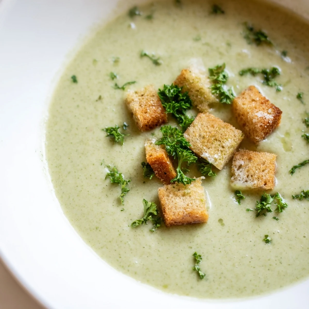 The velvety texture of creamy broccoli soup with croutons is highlighted by golden cubes scattered over the vibrant green puree.
