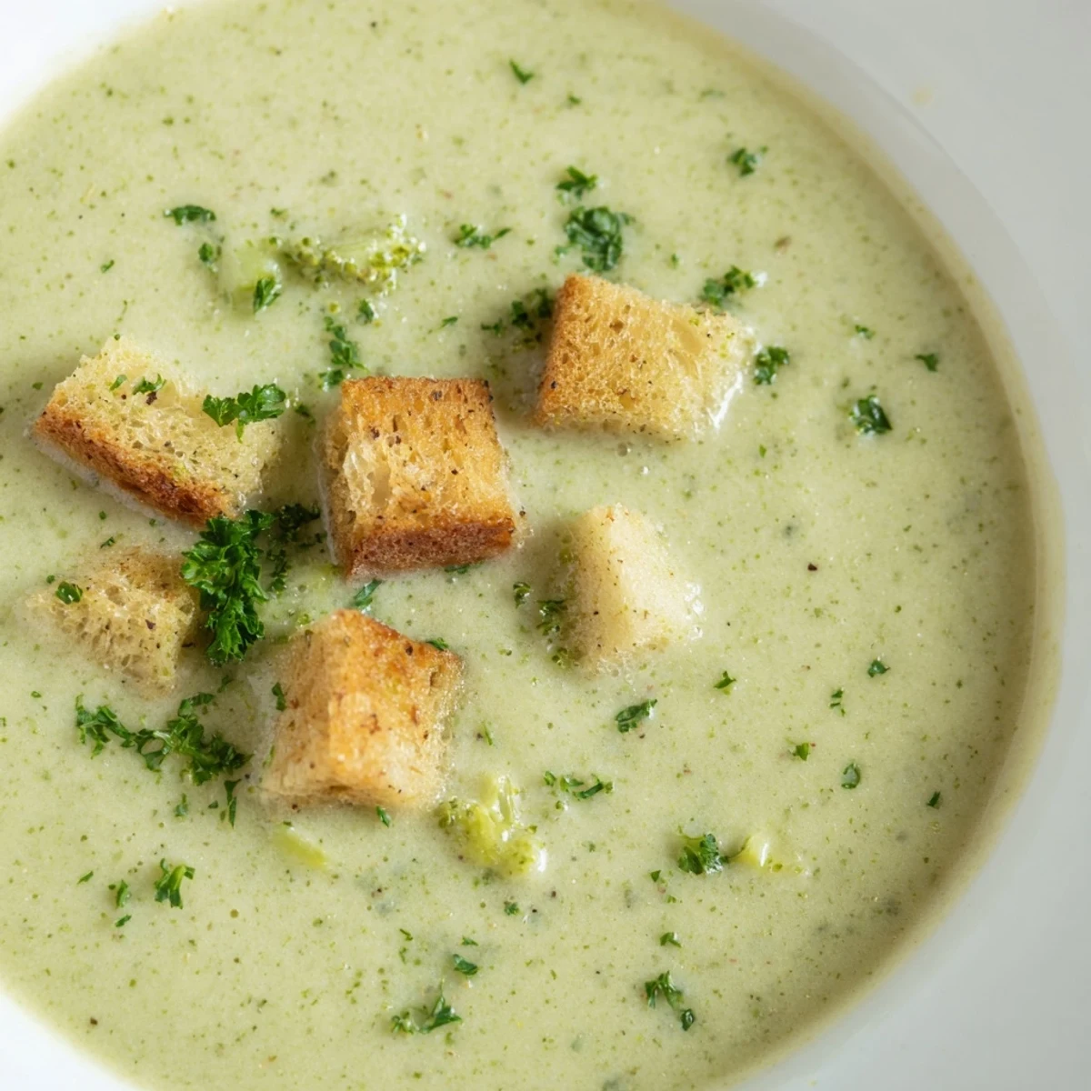 Close-up of a steaming ladle pouring creamy broccoli soup with croutons into a rustic bowl, ideal for a comforting dinner.