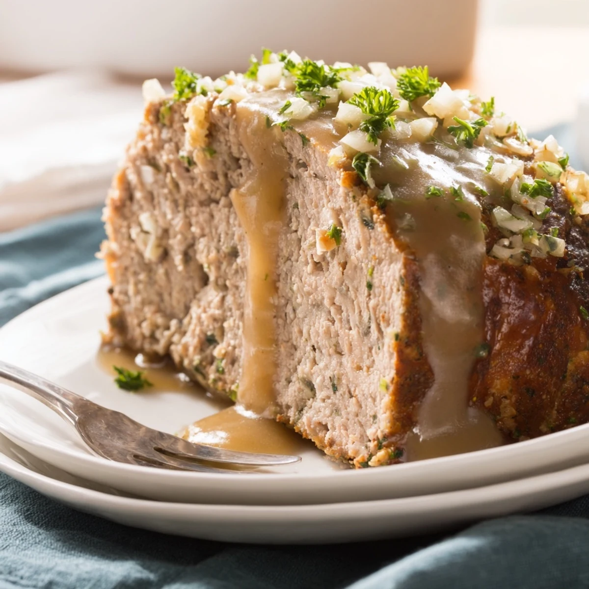 Golden-brown Turkey Loaf with Gravy rests in a skillet, garnished with fresh parsley and paired with rustic dinner rolls.
