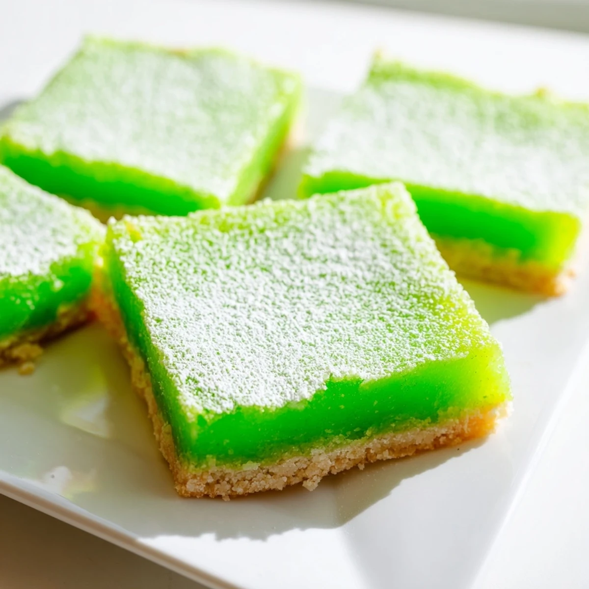 A close-up view of St. Patricks Day Lime Bars showing the vibrant green filling on a buttery shortbread crust, dusted with powdered sugar.