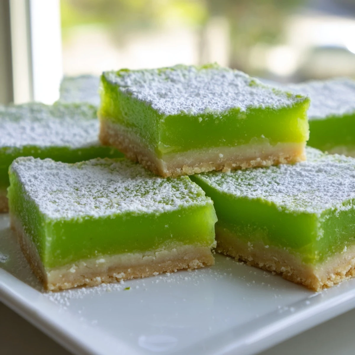 Stack of St. Patricks Day Lime Bars revealing the zesty lime filling and crumbly shortbread base, perfect for a festive dessert spread.