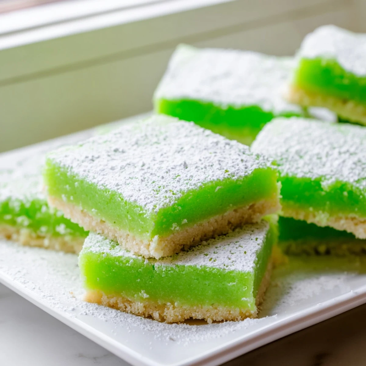 Freshly cut St. Patricks Day Lime Bars on a rustic plate with lime slices and zest, highlighting the bright, citrusy layers.