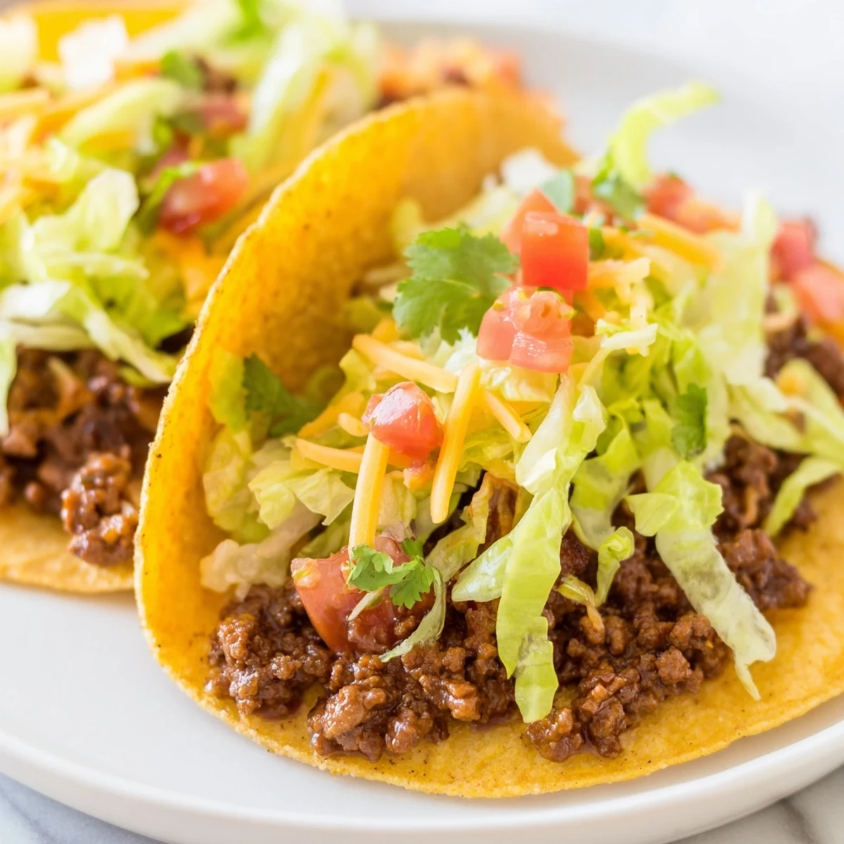 Freshly assembled Big Game Mini Tacos with guacamole on the side, featuring warm tortillas, savory beef, and vibrant cilantro garnish.