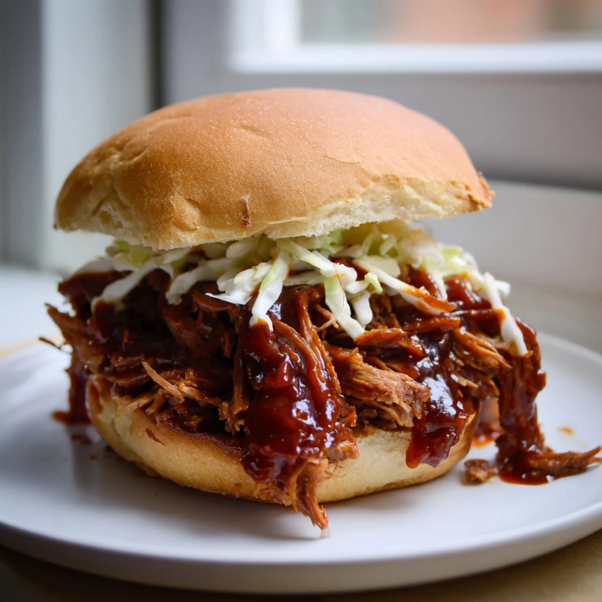 Slow-cooked shredded beef in smoky barbecue sauce piled high on a toasted bun, perfect for tailgate gatherings.
