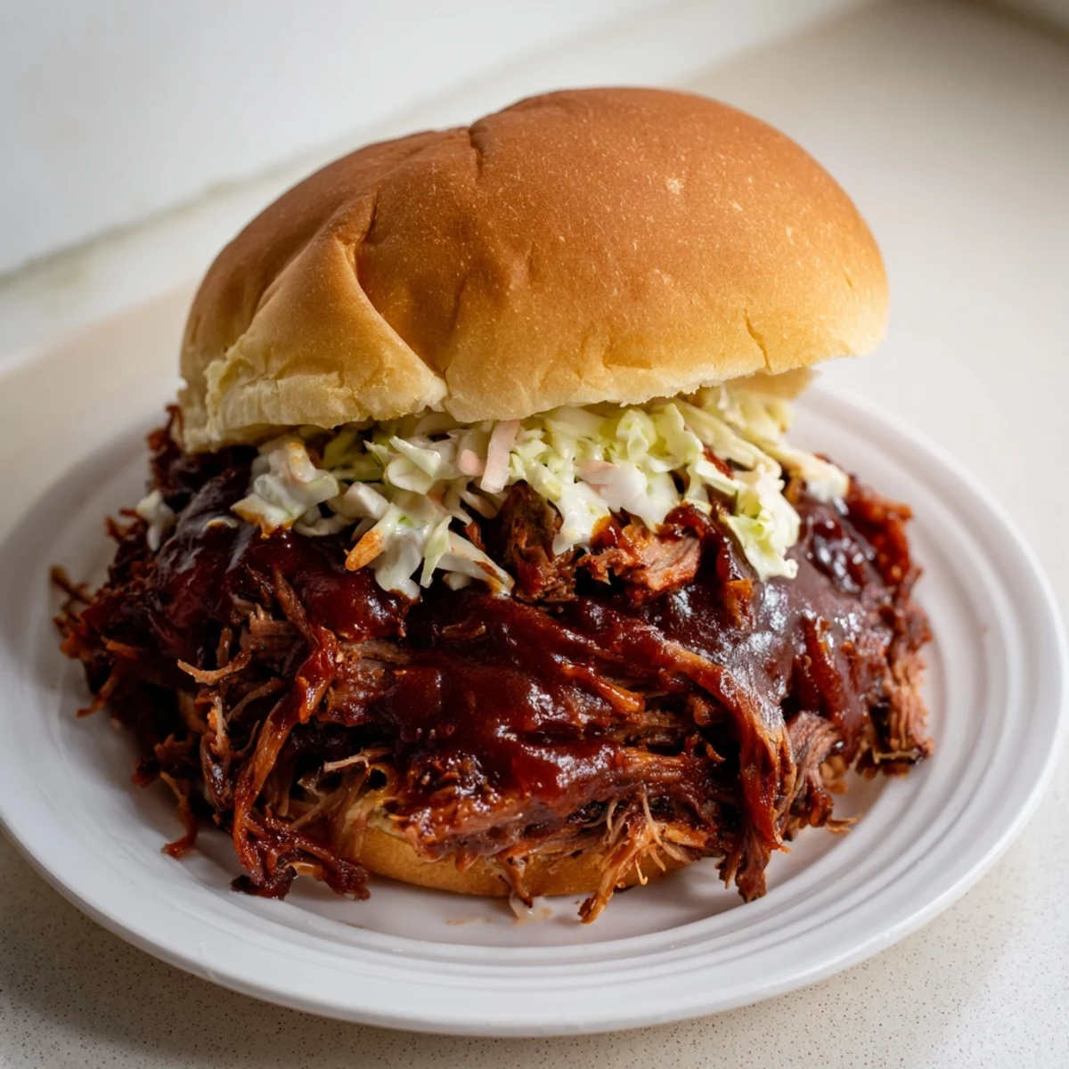Golden toasted buns overflowing with tender pulled beef, smoky barbecue sauce, and a creamy coleslaw topping.