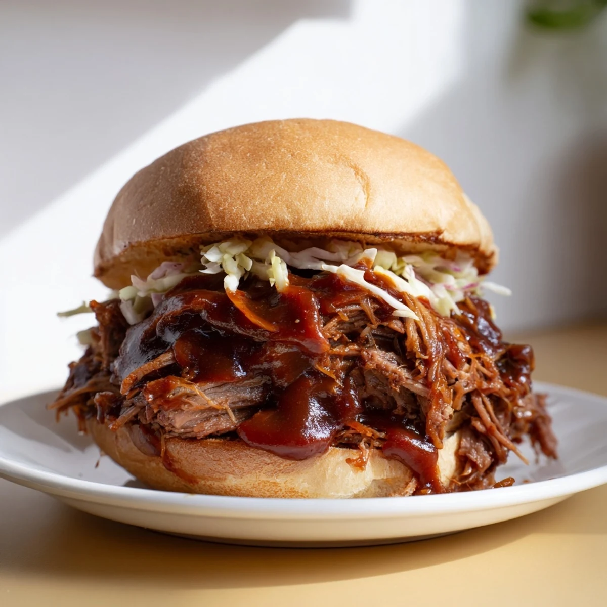 Juicy Tailgate Pulled Beef Sandwiches piled high with coleslaw on soft rolls, served alongside crispy pickles.