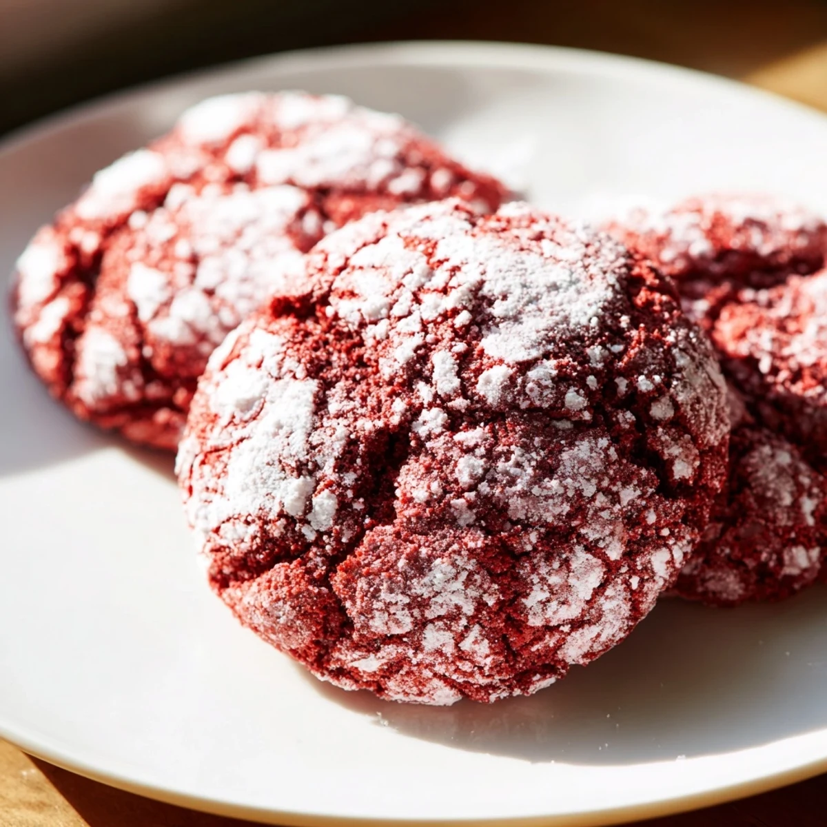 Festive Red Velvet Crinkle Cookies with a vibrant red crumb and a snowy powdered sugar coating, baked on a parchment-lined tray.