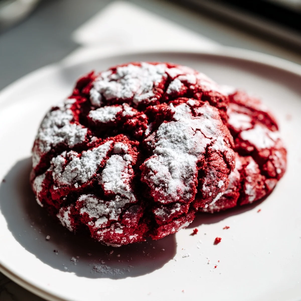A close-up of Red Velvet Crinkle Cookies, showing their soft, fudgy interior and deep cocoa flavor, perfect for holiday dessert tables.