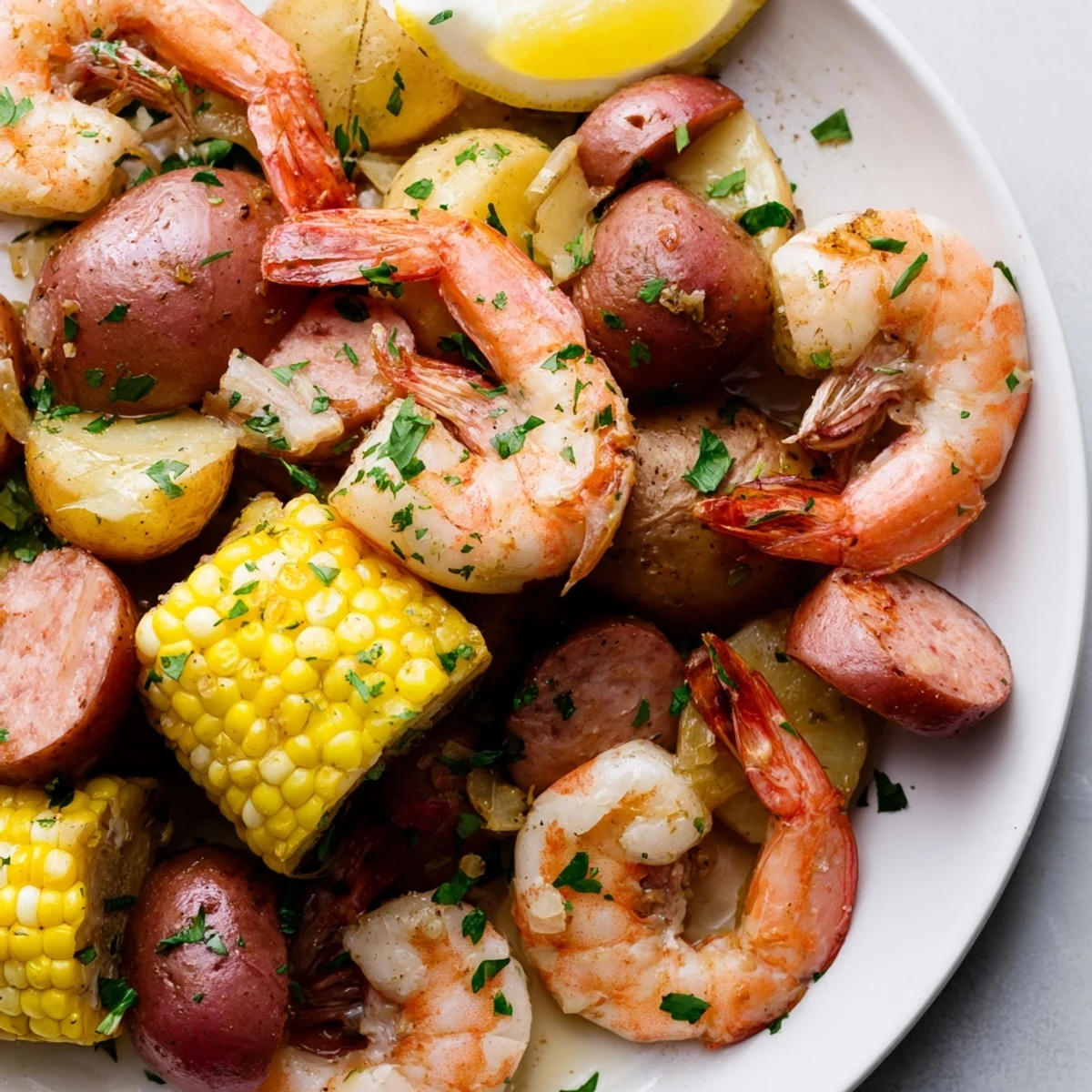 Hearty Mardi Gras Shrimp Boil served on a newspaper-lined table, garnished with fresh parsley and lemon wedges for a festive Cajun meal.