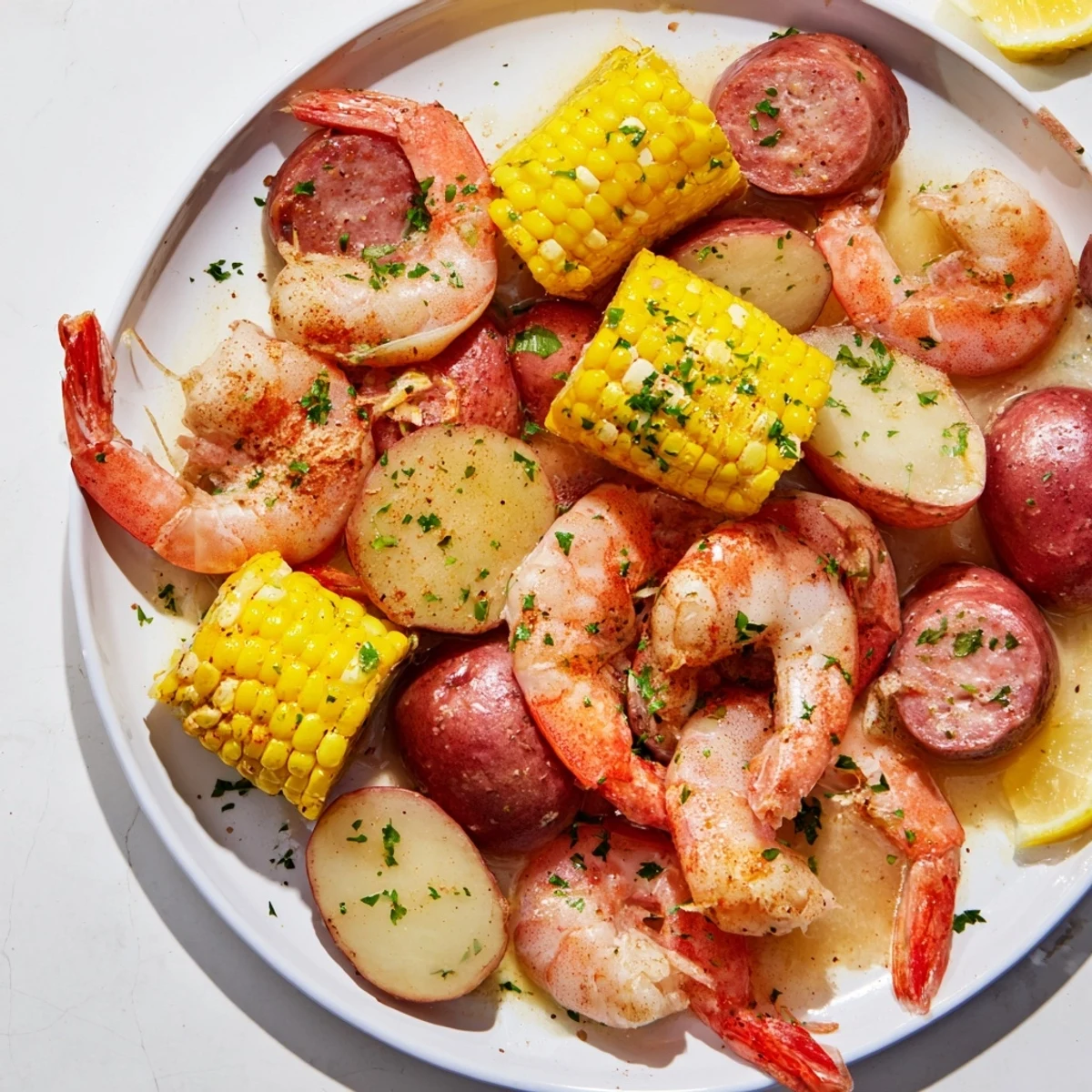 Close-up of succulent Mardi Gras Shrimp Boil ingredients, drenched in spicy melted butter and speckled with Cajun seasoning.