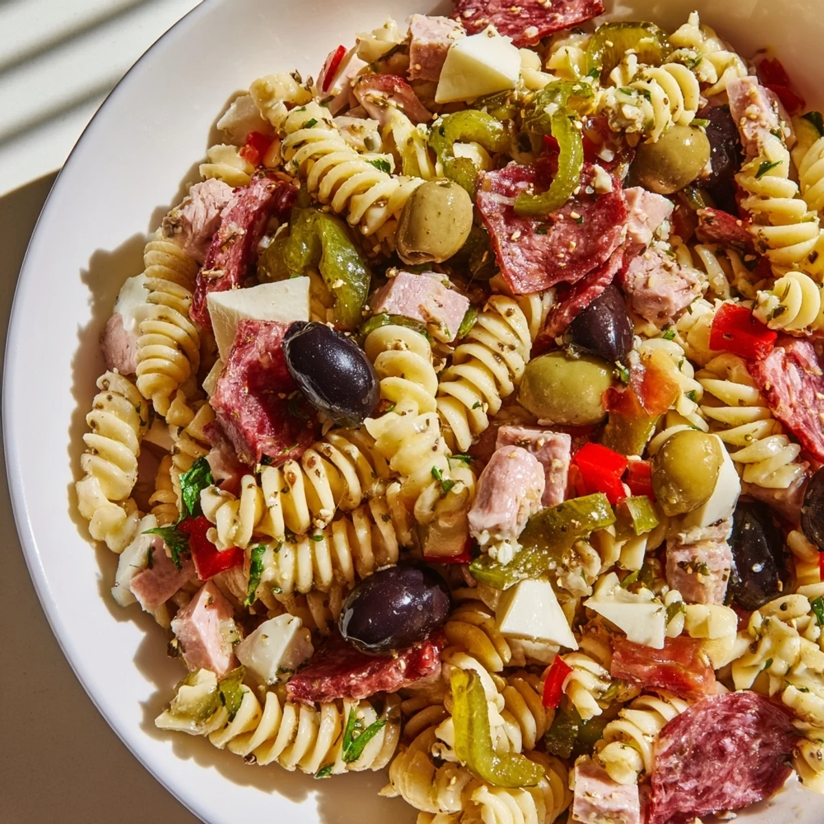 This vibrant New Orleans Muffuletta Pasta Salad is tossed with halal meats, olives, and tangy Italian dressing.  