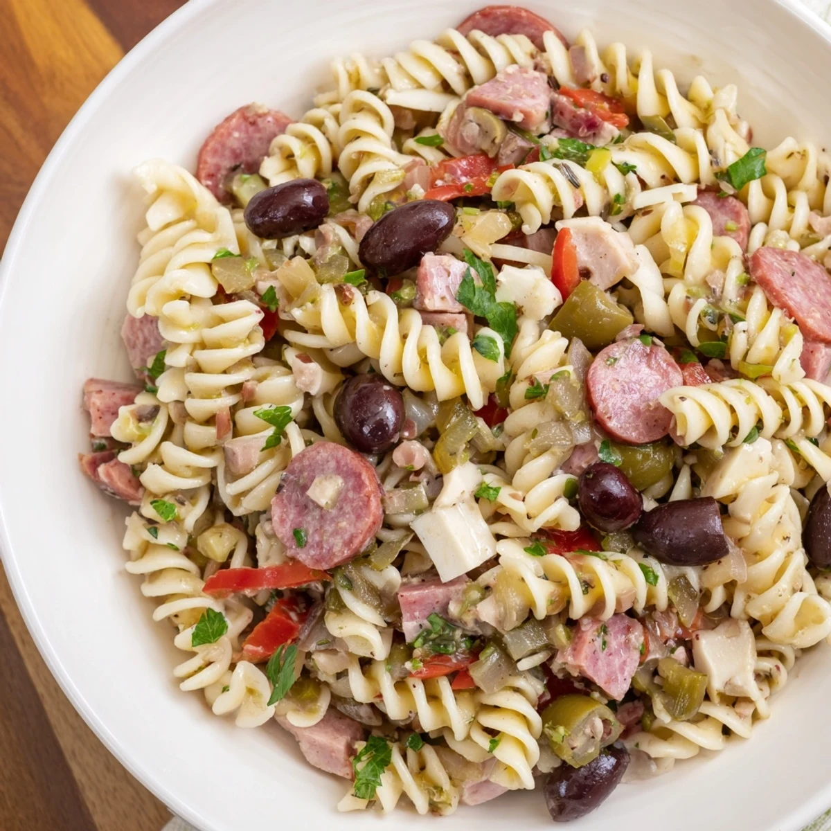 Hearty New Orleans Muffuletta Pasta Salad featuring rotini, provolone, and zesty olive salad, perfect for a summer picnic.