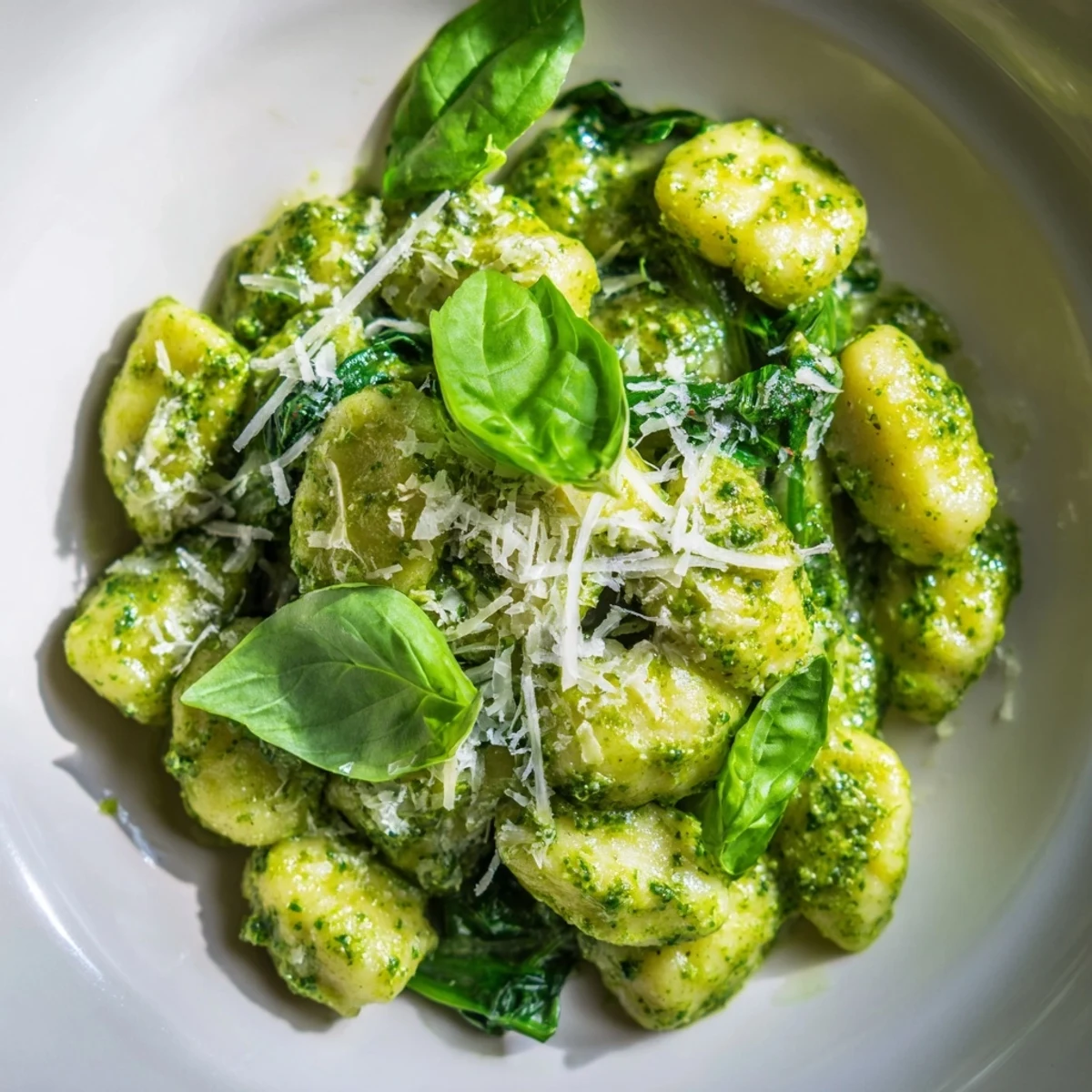 Green Pesto Gnocchi with Spinach garnished with extra Parmesan and basil, served warm for a comforting dinner.