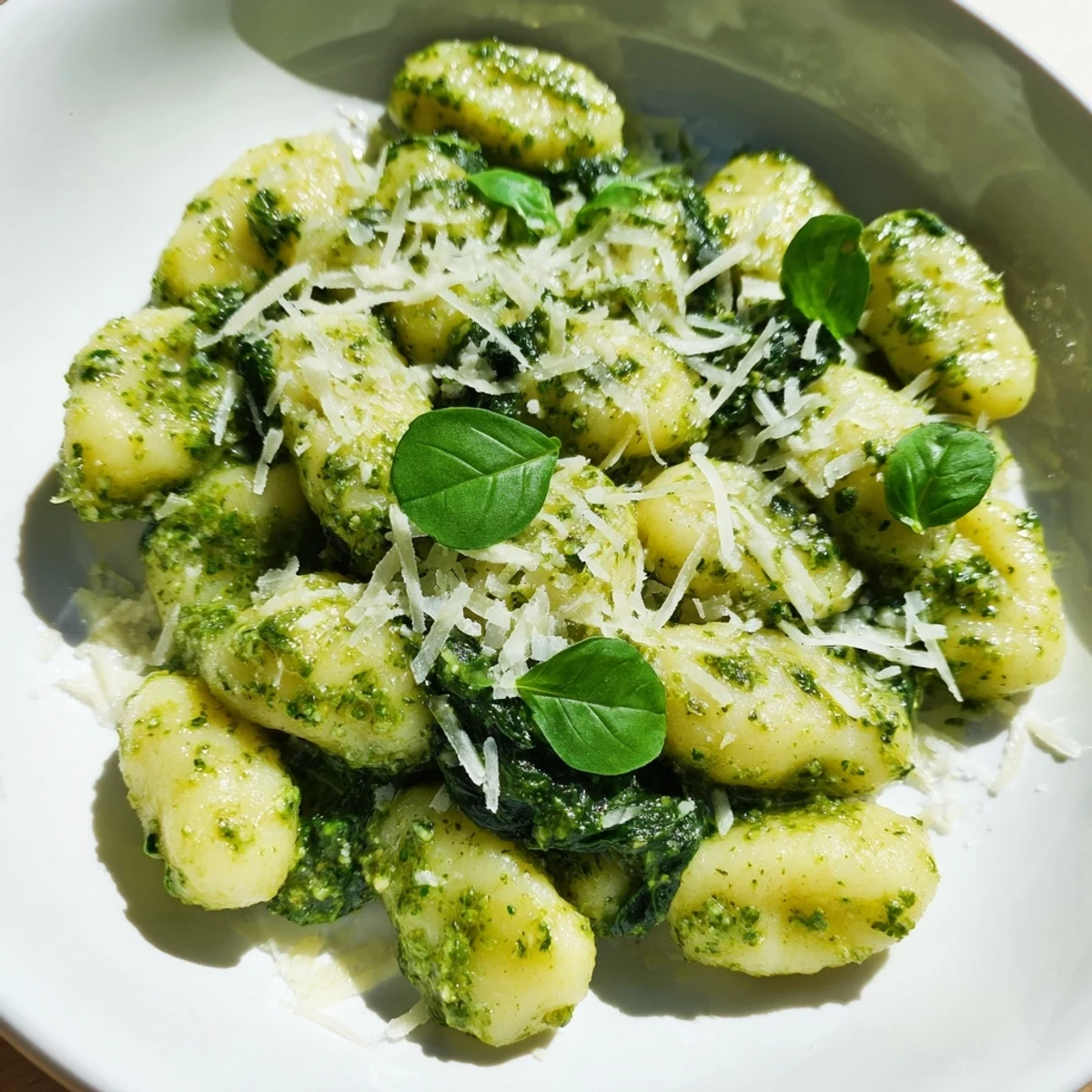 Close-up of Green Pesto Gnocchi with Spinach, highlighting glistening basil sauce coating each tender gnocchi piece.
