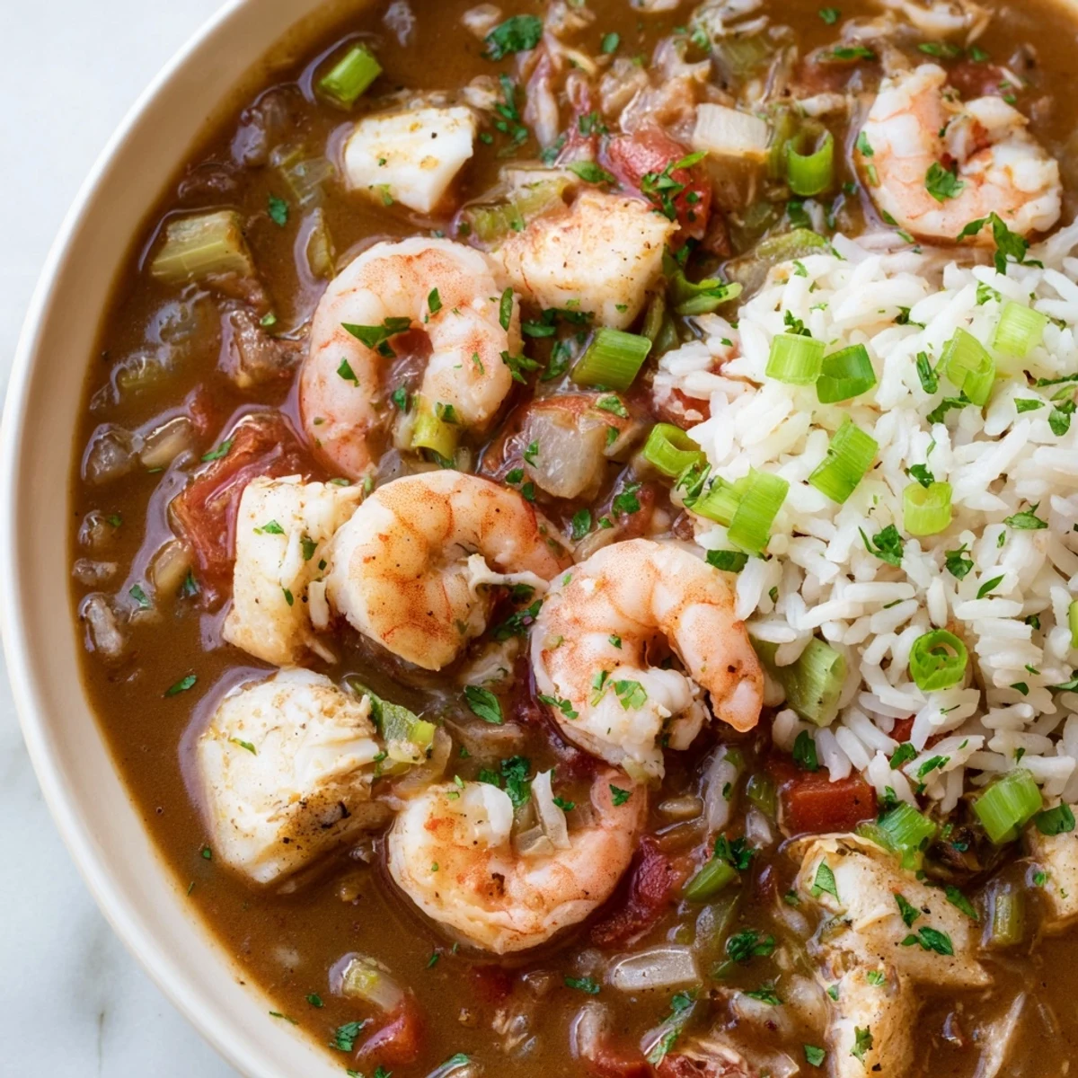 Creole Seafood Gumbo in a rustic pot, showcasing tender shrimp and lump crab meat in a savory, spicy broth garnished with parsley.