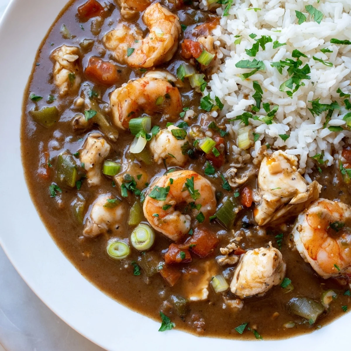 A close-up of Creole Seafood Gumbo, featuring vibrant vegetables, seafood, and fluffy white rice, perfect for a comforting Louisiana-inspired meal.
