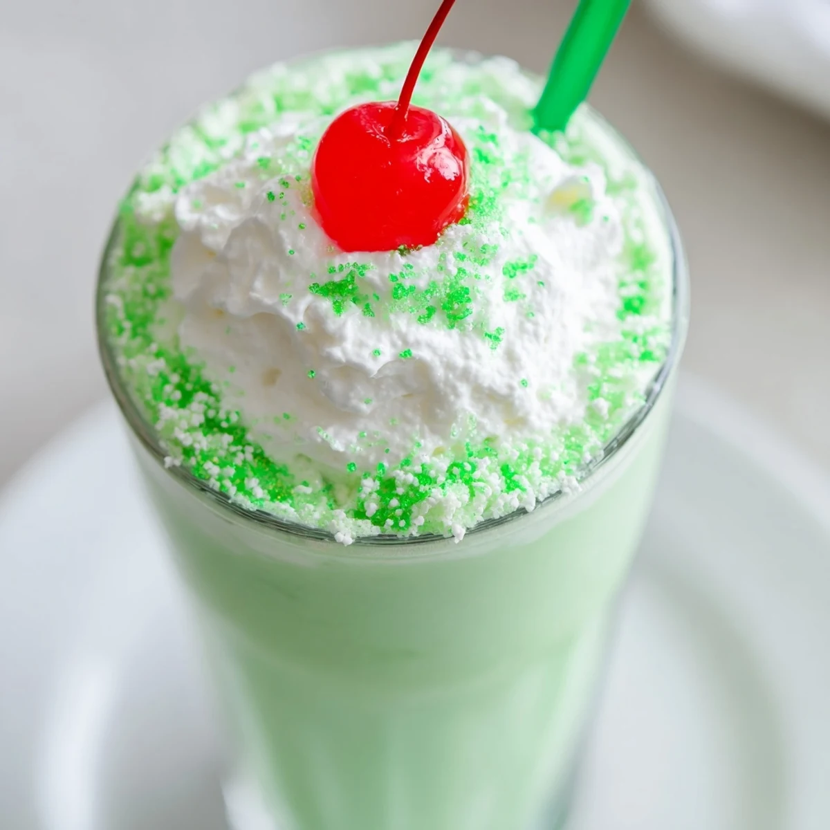 Creamy Shamrock Mint Milkshake with whipped cream and green sprinkles in a tall glass on a marble countertop.