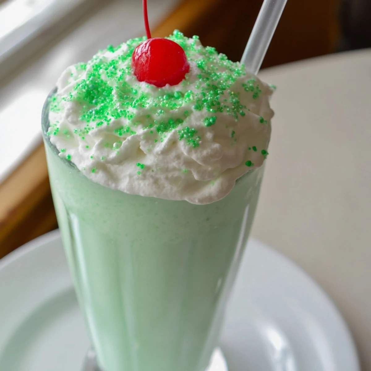 Refreshing Shamrock Mint Milkshake garnished with a maraschino cherry and straw, ready to sip on a sunny day.