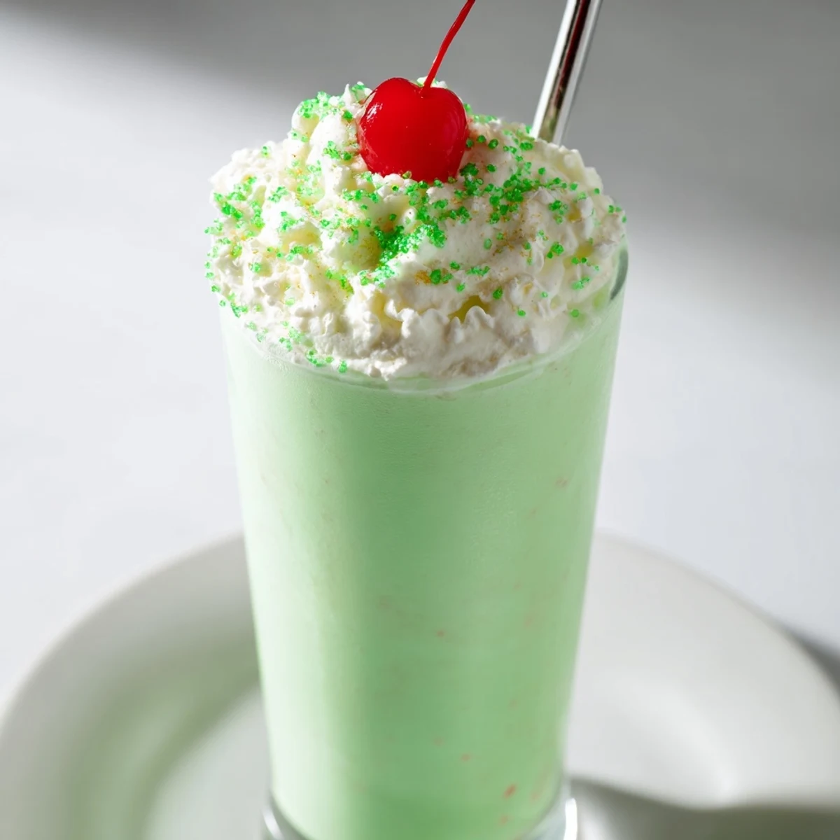 Homemade Shamrock Mint Milkshake poured into two glasses, showcasing its smooth, vibrant green texture and minty aroma.