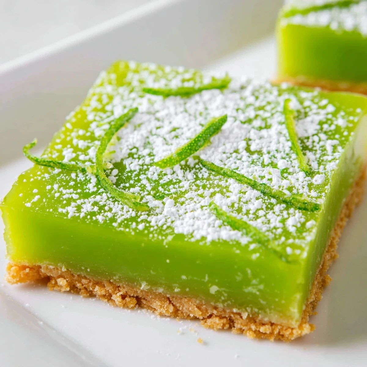 St. Patricks Day Lime Bars are displayed on a white plate with a buttery graham cracker crust and vibrant green filling, garnished with fresh lime slices.
