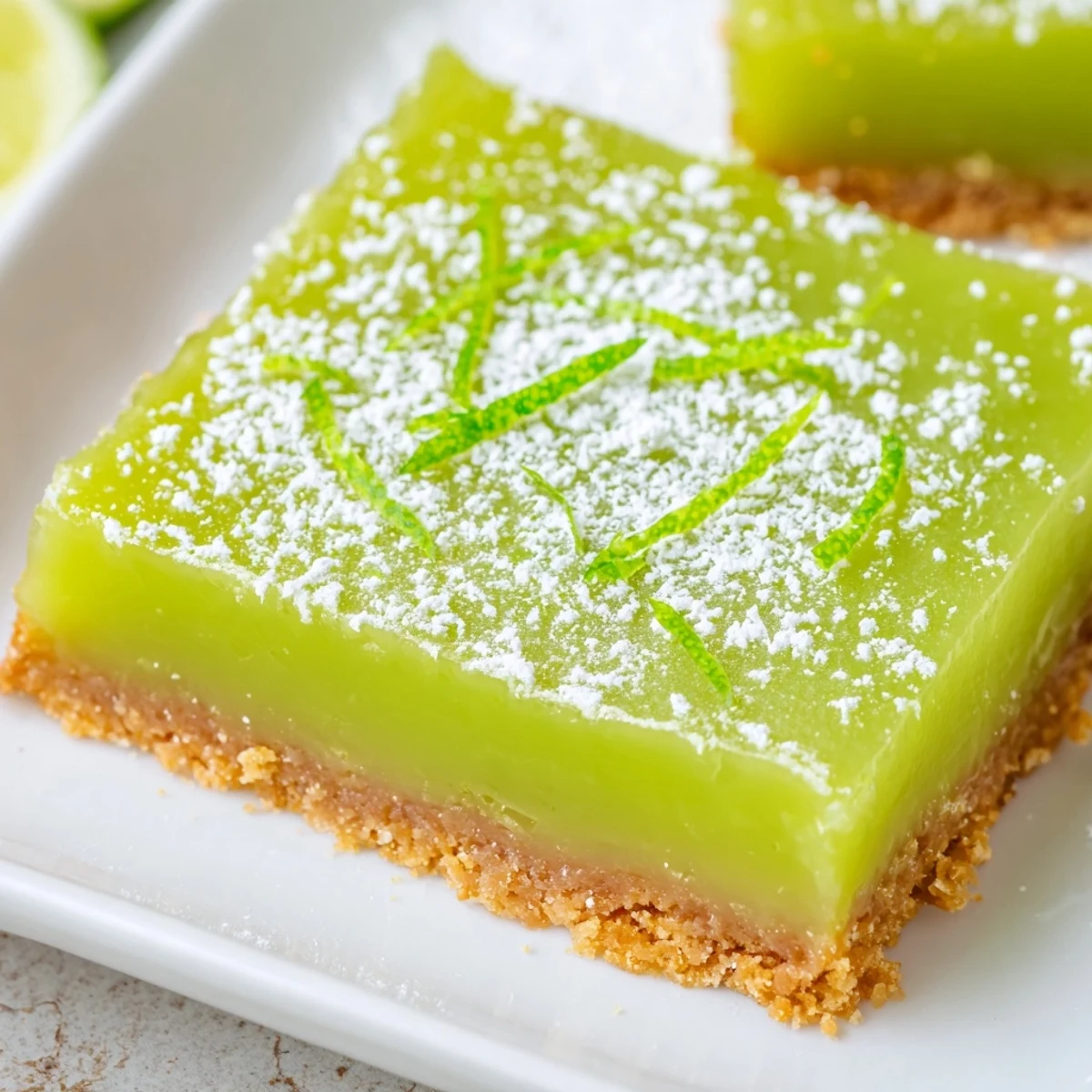 A close-up view of St. Patricks Day Lime Bars highlights the creamy lime curd texture and powdered sugar dusting, perfect for a festive dessert spread.