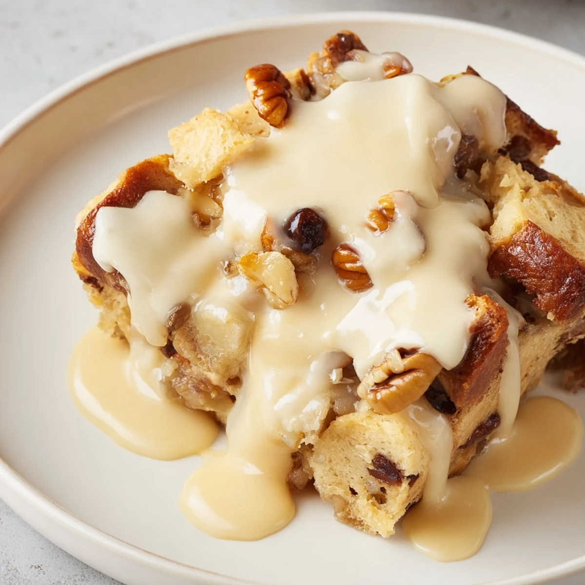 Golden-brown New Orleans Bread Pudding with vanilla sauce drizzled over the top, topped with chopped pecans and raisins.