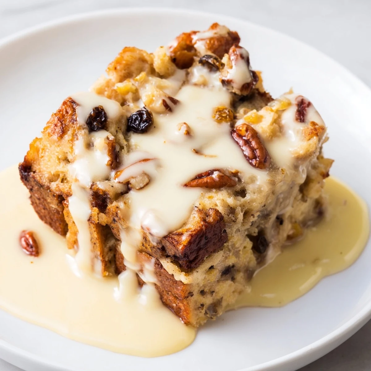 Warm slices of New Orleans Bread Pudding served in rustic bowls with a rich vanilla sauce ready for a comforting dessert.