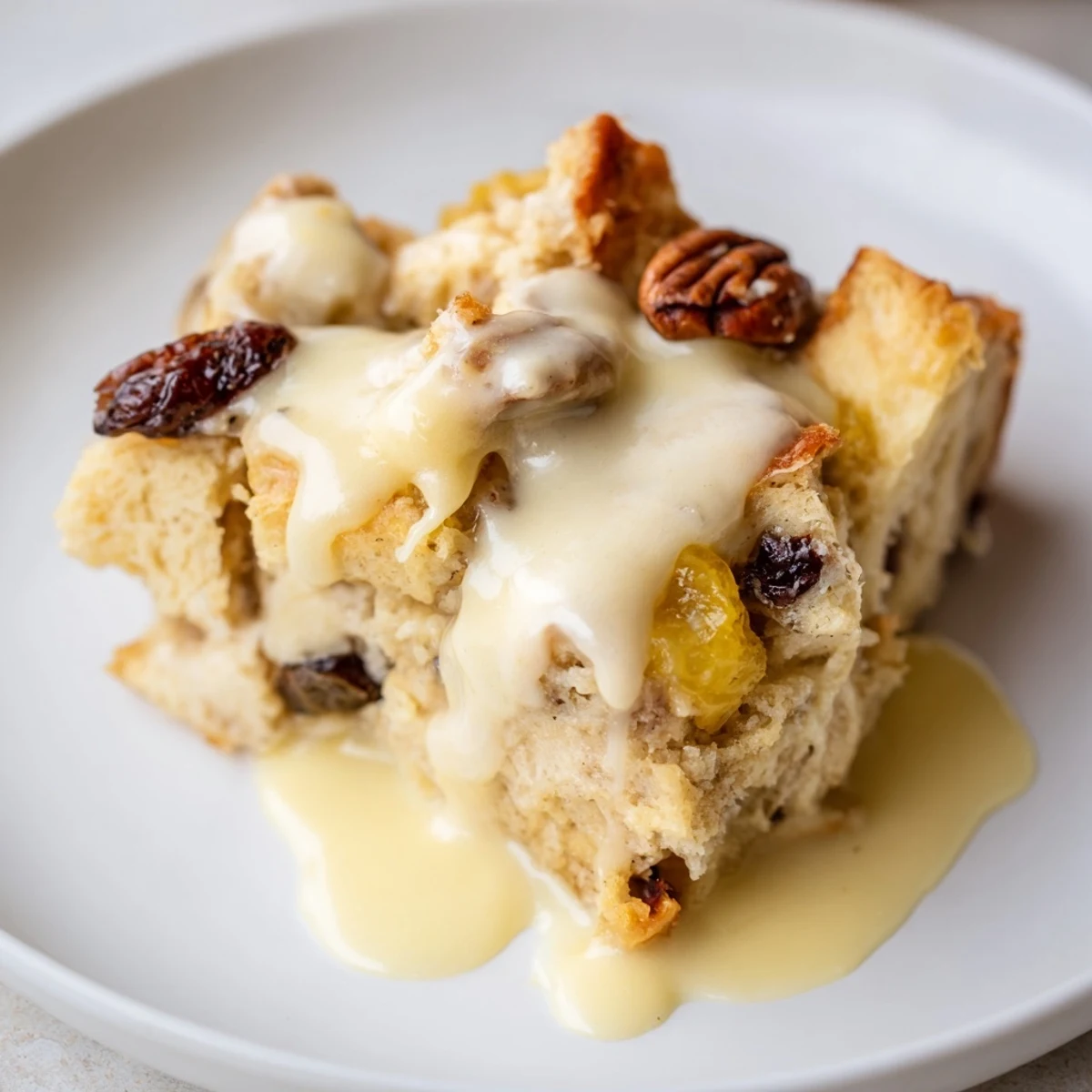 Freshly baked New Orleans Bread Pudding inside a glass dish, featuring golden crust and pecans with vanilla sauce drizzle.